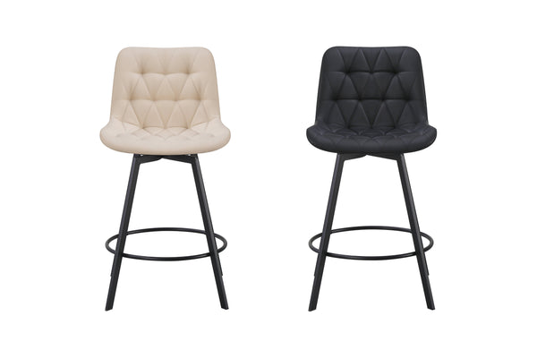 Beige and black vegan leather swivel barstools with sleek legs perfect for modern kitchen islands