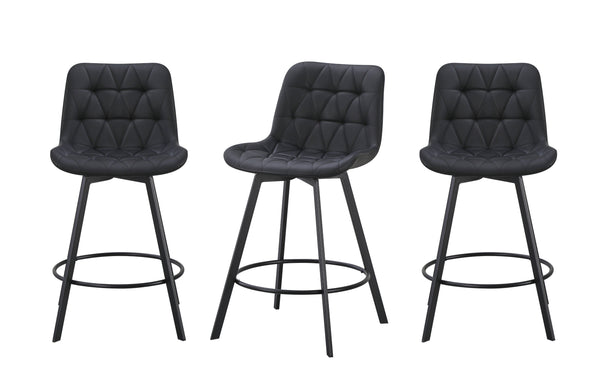 Black Emerson barstools shown in different angles showcasing modern quilted design and swivel comfort