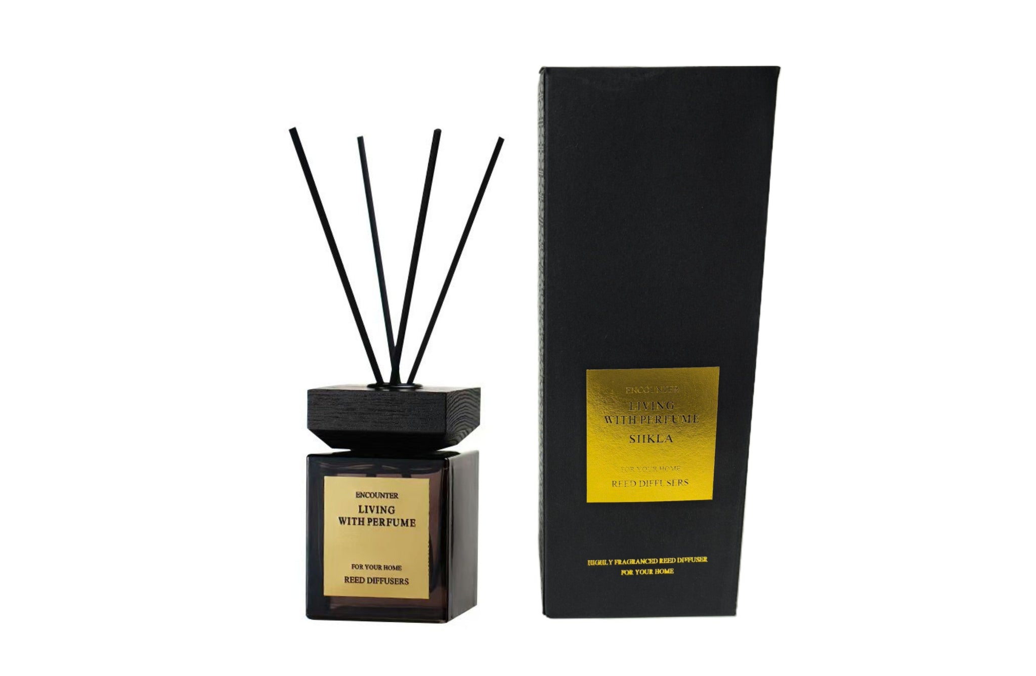 Encounter Diffuser 200ml in sleek black bottle with matching black gift box and golden label – a stylish home fragrance available in 3 scents.