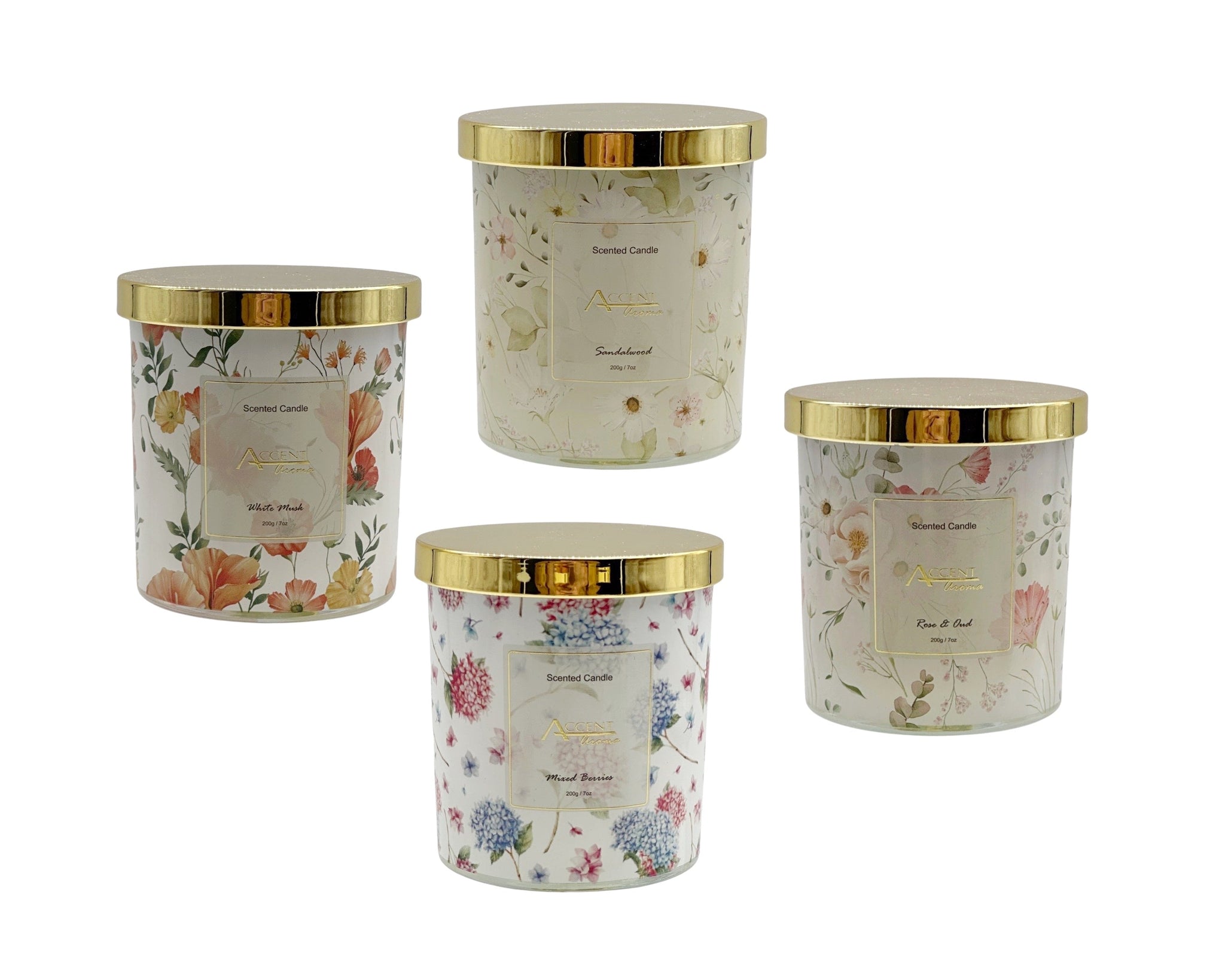 Set of four floral-scented candles in decorative jars with gold lids – 200g each