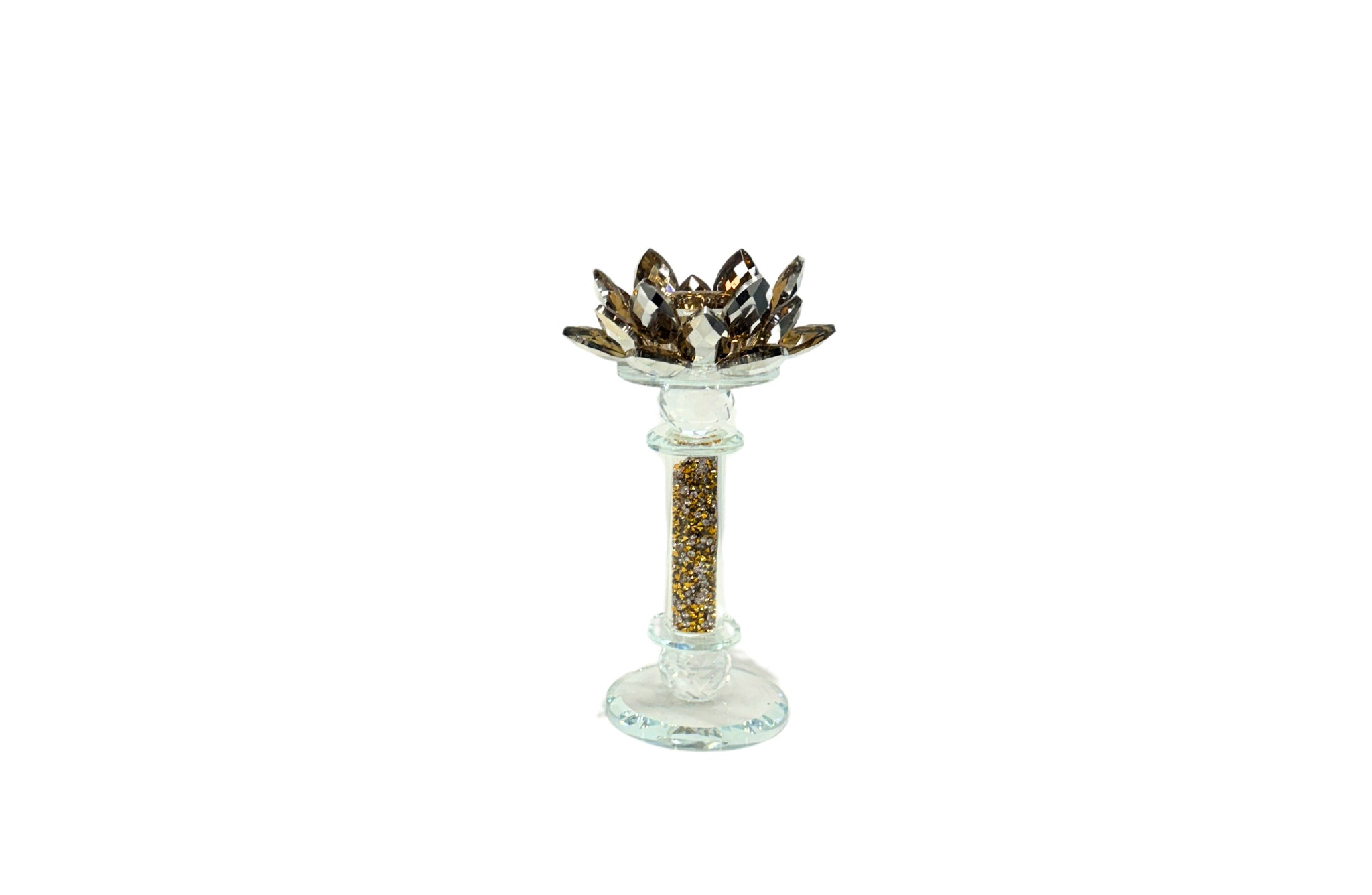 Compact gold crystal candle holder with floral charm