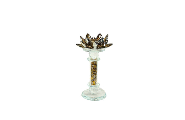 Compact gold crystal candle holder with floral charm