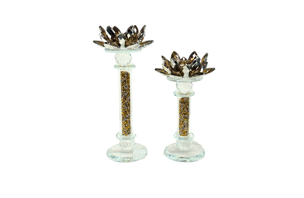 Chic gold crystal candle holders with glitter-filled stems – set of 2