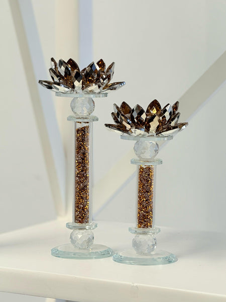 Luxurious gold-style flower crystal candle holders – tall and small pair