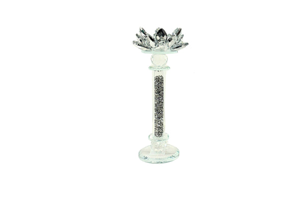 Tall silver crystal candle holder with sparkling detail