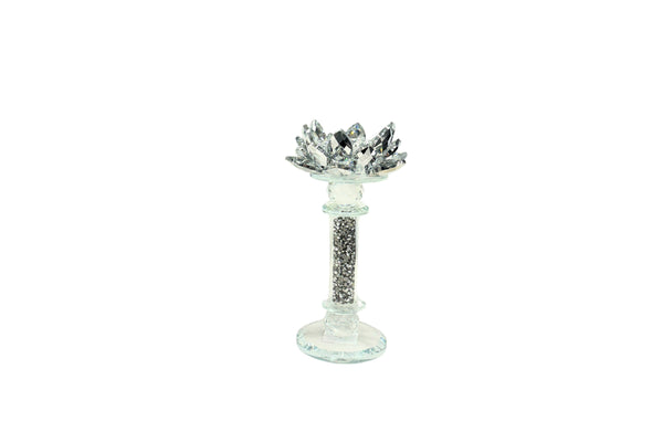 Mini silver crystal candle holder with lotus petal accents