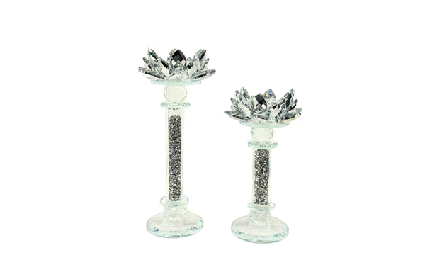 Classic silver crystal candle holders with lotus-style tops – set of 2