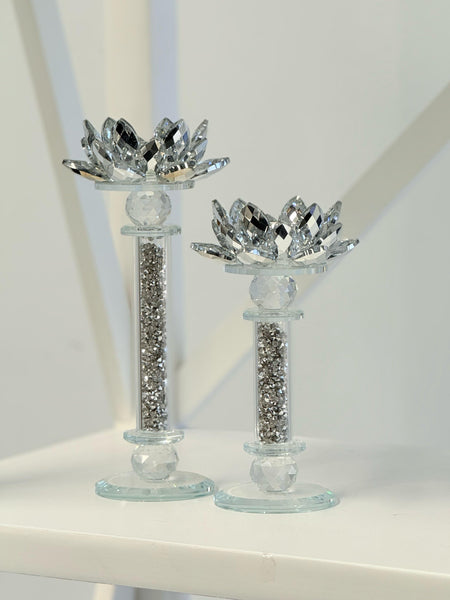 Elegant silver-style flower crystal candle holders – tall and small pair