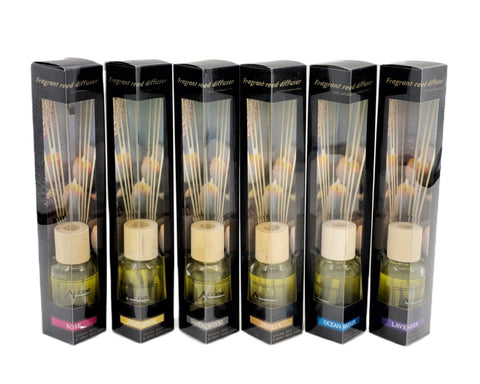 Set of six 50ml reed diffusers in assorted fragrances with sleek packaging and natural reed sticks
