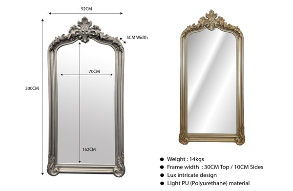 French Provincial arch mirror silver with dimensions and gold variant option