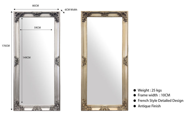 Medium French provincial ornate mirror with dimensions, antique finish and French style detailing.