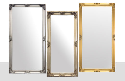 French provincial ornate deluxe mirrors collection in silver, champagne and gold antique finishes.