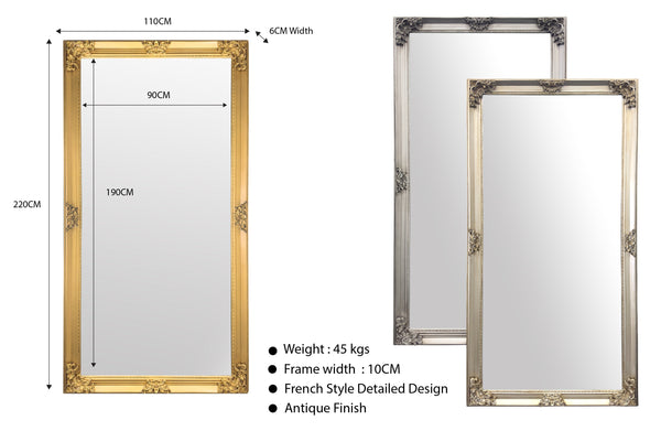 Extra large French provincial ornate mirror with dimensions, antique finish and French detailed frame.