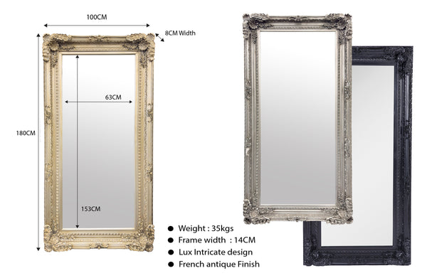 French provincial LUX ornate mirror with dimensions, antique finish and intricate 14cm wide frame.