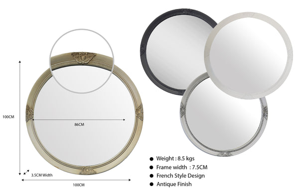 Round French provincial mirror with antique carved finish, classic décor piece for stylish interiors.