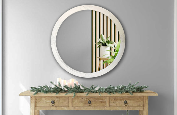 White French provincial round mirror styled with dresser, pendant lights and elegant bedroom décor.