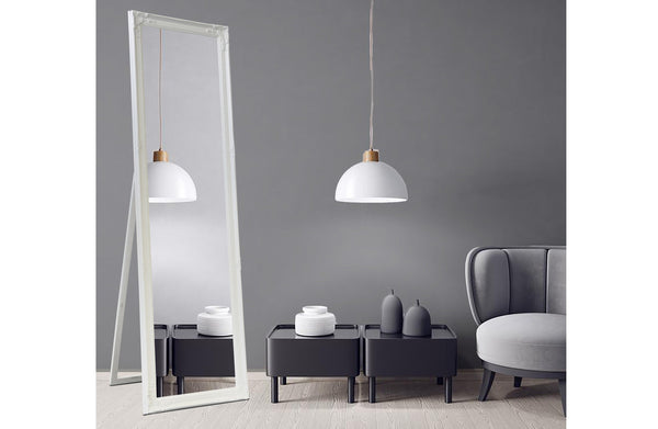 White French provincial free standing mirror styled with grey walls, pendant light and sofa set.