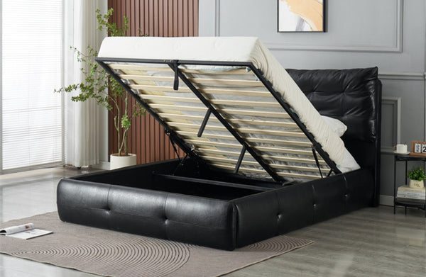 Black gas lift bed with hidden storage compartment and slatted base