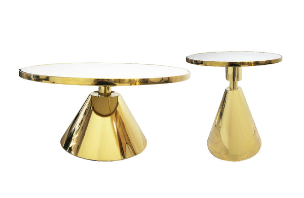 Glam coffee table and side table set with polished stainless gold frame and white marble top