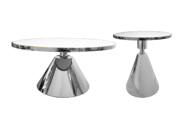 Glam coffee table and side table set with polished stainless silver frame and white marble top