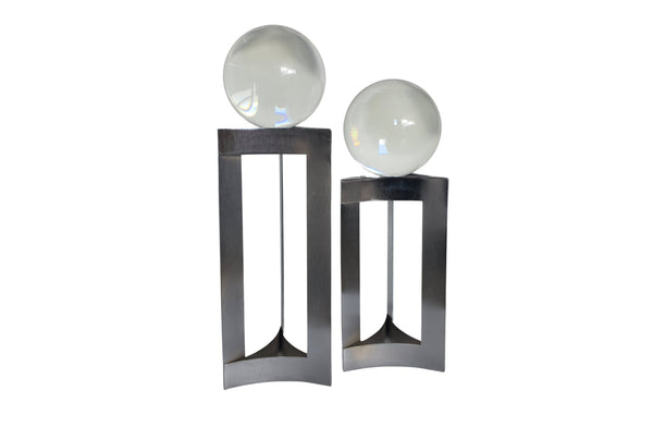 Modern silver glass sphere décor pair with sleek, minimalist design.