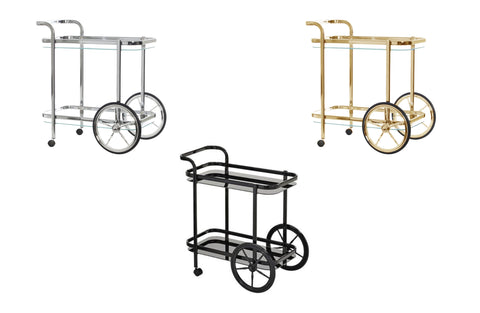 Luxe glass bar carts in gold, silver, and black with cart wheels – modern & stylish.
