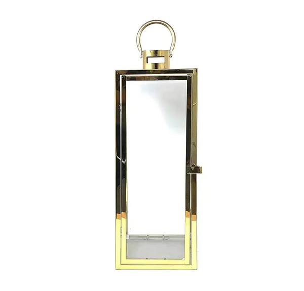 Elegant large gold metal and glass lantern with top ring handle.