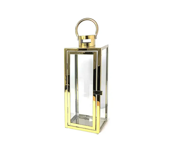 Sophisticated medium gold lantern perfect for candles or décor.