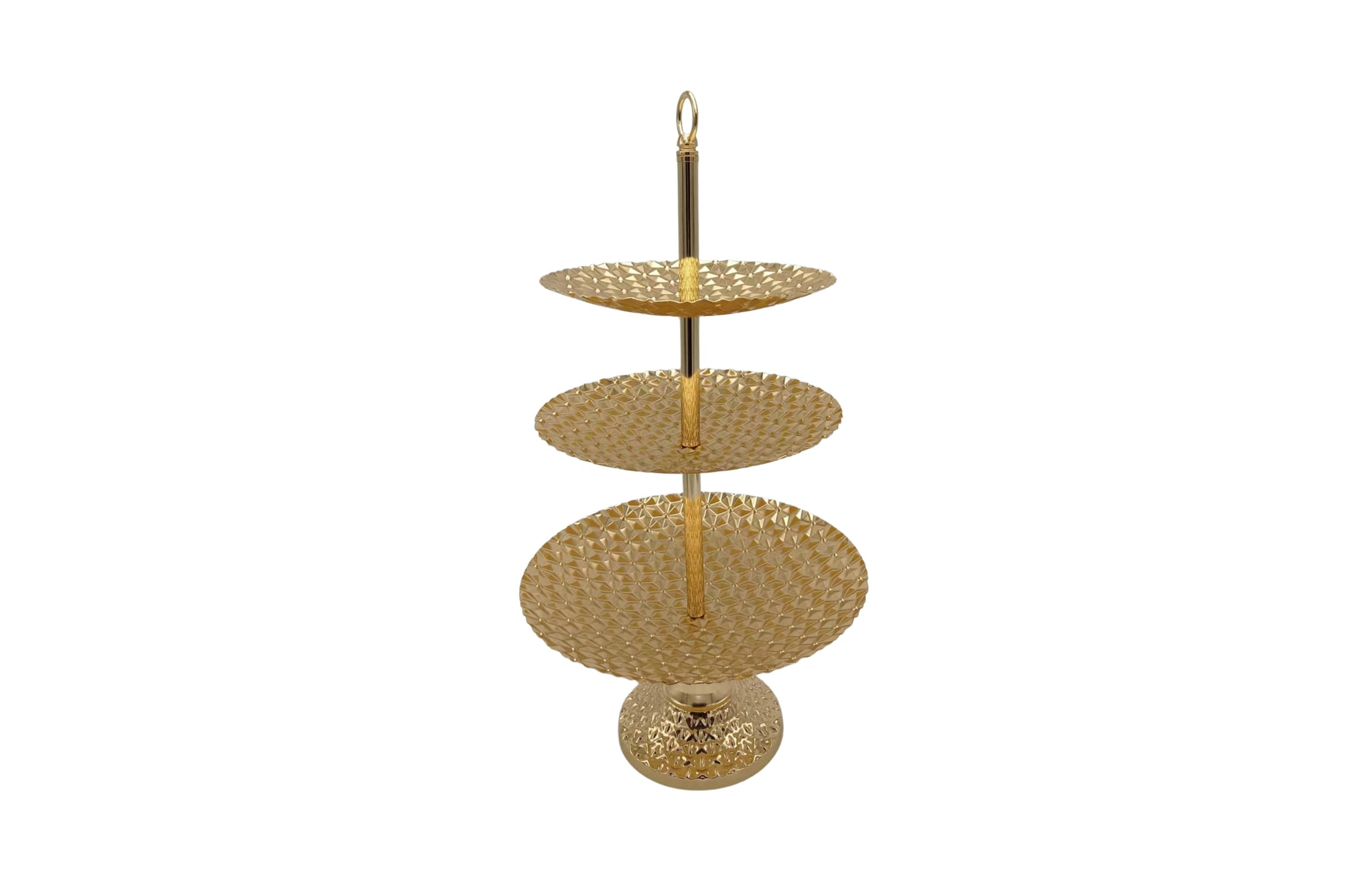 Luxurious 3-tier gold cake stand with intricate detailing, perfect for elegant dessert displays.