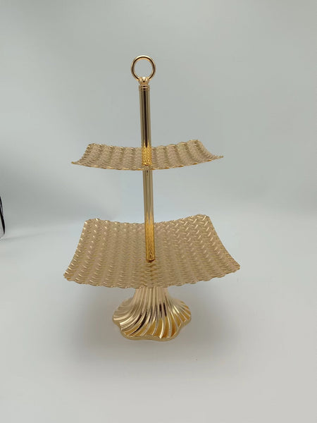  Stylish gold two-tier cake stand adding glamour to dessert tables and special occasions.