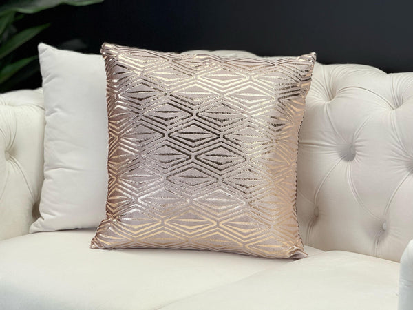 Gold Diamond Designer Cushion styled on white sofa, elegant accent pillow with diamond pattern