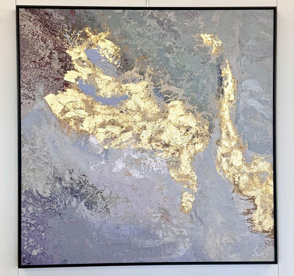 Shimmering gold abstract art in black frame, bold and modern.