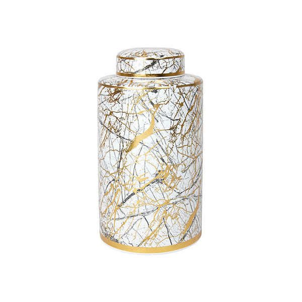 Large gold and white ceramic ginger jar for stylish décor.