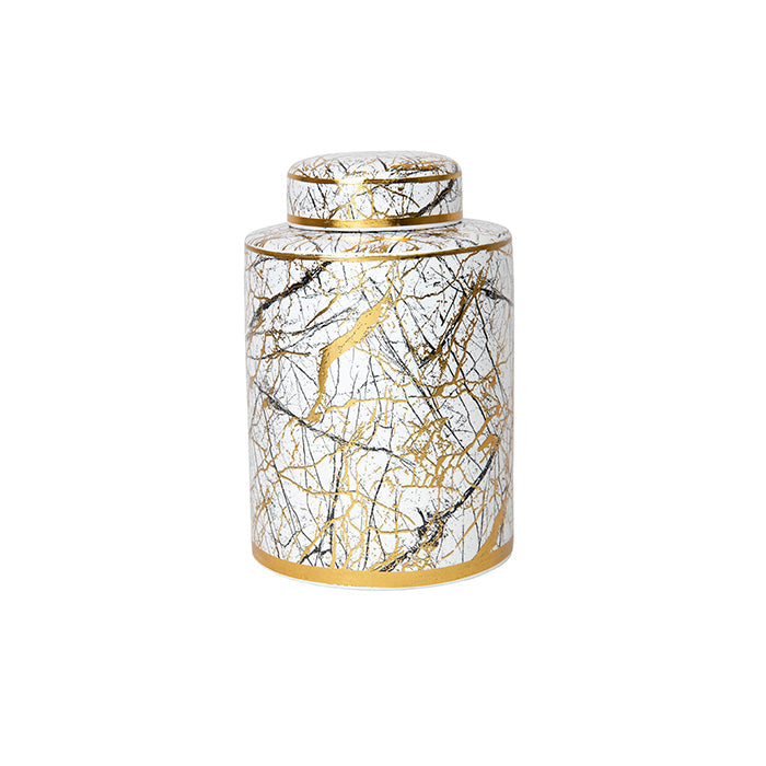Small gold and white ceramic ginger jar for décor or storage.