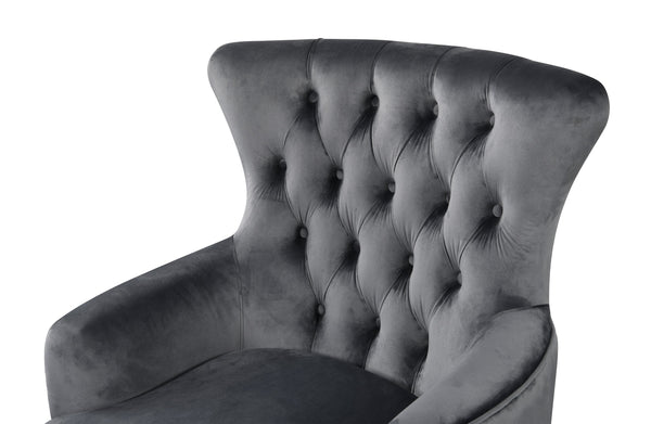 Detailed tufted backrest of GRAND dark grey velvet wing chair in luxury finish