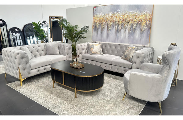 GRAND light grey velvet tufted sofa set with 3-seater, 2-seater, and wing chair featuring gold steel legs in showroom display