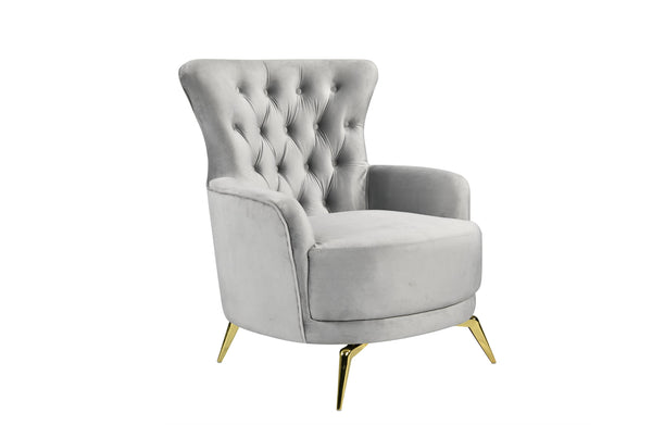 GRAND light grey velvet tufted wing chair with shimmering gold steel legs