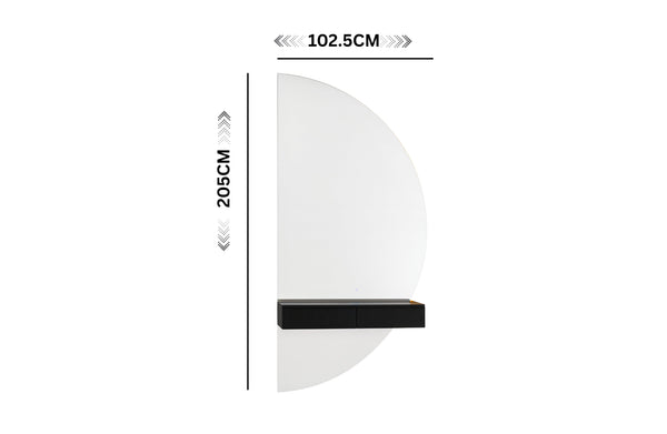 Black half moon LED mirror with shelf showing tall statement size perfect for modern interiors