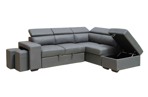 Dark grey Hamilton modular chaise lounge featuring pull-out sofa bed and storage ottoman.