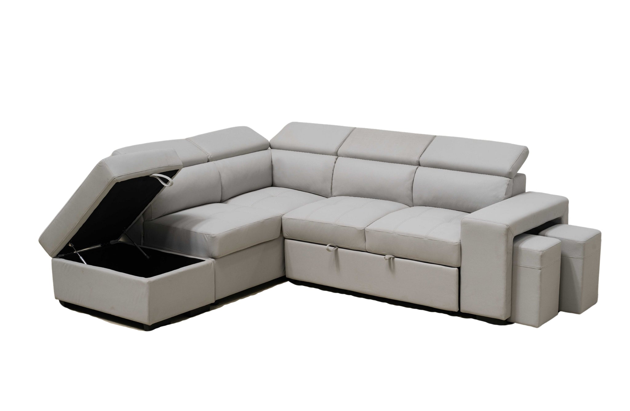 Light grey Hamilton modular chaise lounge featuring pull-out sofa bed and storage ottoman.