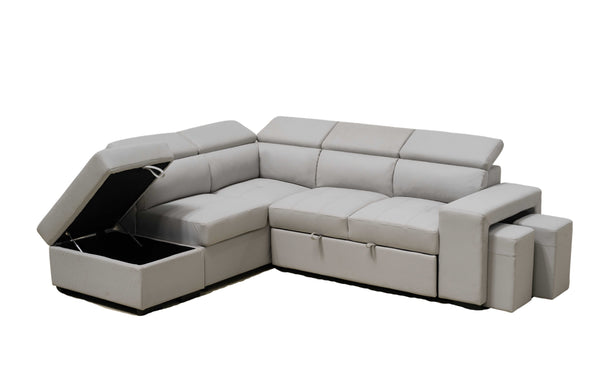 Light grey Hamilton modular chaise lounge featuring pull-out sofa bed and storage ottoman.