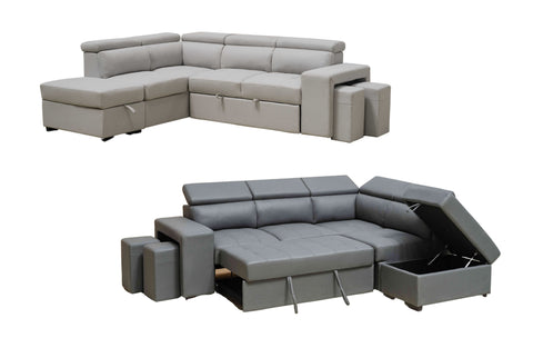 Hamilton light grey and dark grey modular chaise lounge with storage ottoman and matching stools included.
