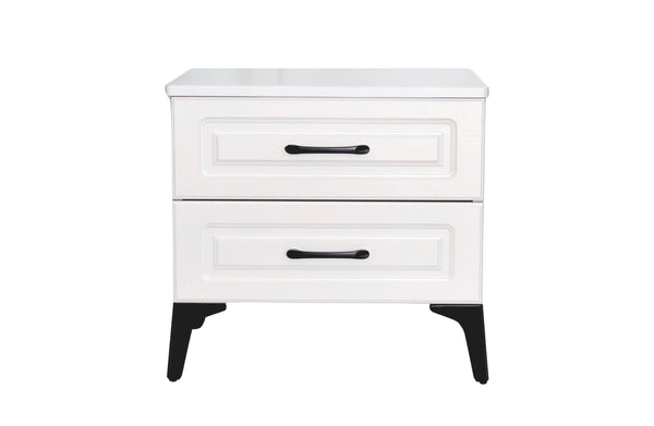 hampton bedside table white with black handles and black legs
