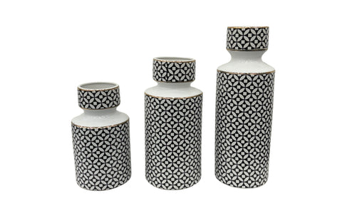 Elegant Hampton Flower Vase set in small, medium, and large sizes with black and white geometric patterns