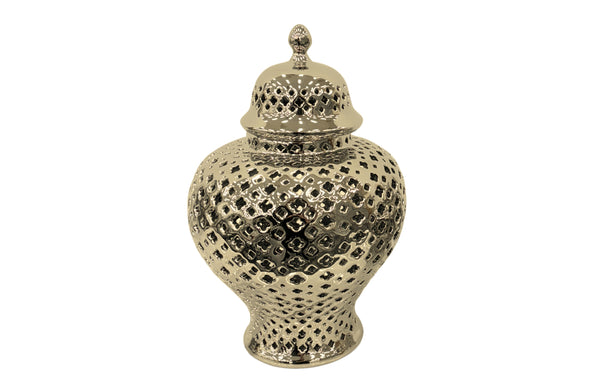 Large Classic Hampton Urn in glossy gold ceramic finish with intricate pierced detailing and elegant silhouette.