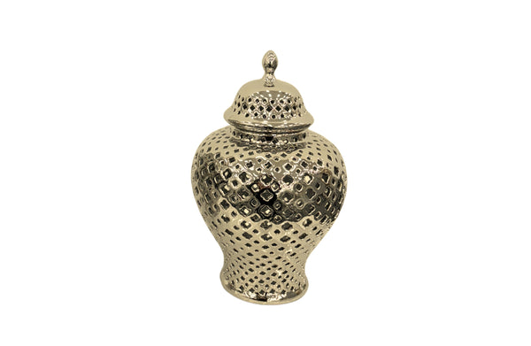 Small gold Classic Hampton Urn with detailed cutwork and rich ceramic shine, ideal for luxe accent décor.