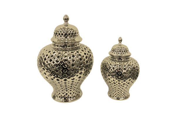 Set of large and small Classic Hampton Urns in gold ceramic finish, featuring an intricate lattice pattern for a luxurious statement décor piece.