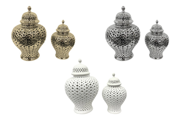 Classic Hampton ceramic jar urns in gold, silver, and white – elegant decorative pieces available in small and large sizes for timeless home styling.
