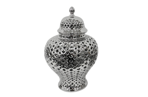 Large silver ceramic Hampton Urn featuring delicate lattice design and a glossy metallic finish for modern elegance.

