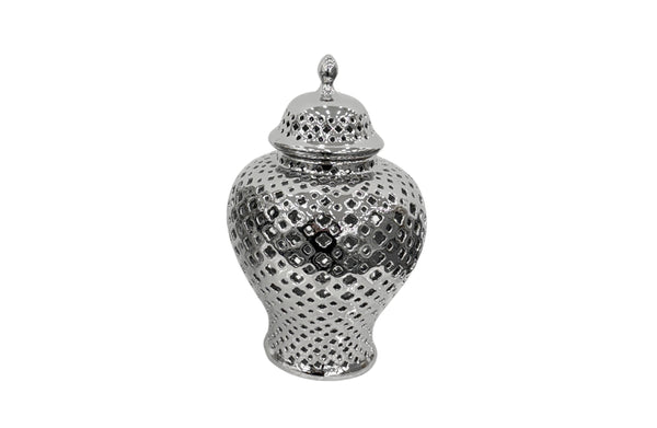 Small silver Hampton Urn with shiny pierced ceramic body, perfect for tabletop or shelf styling.